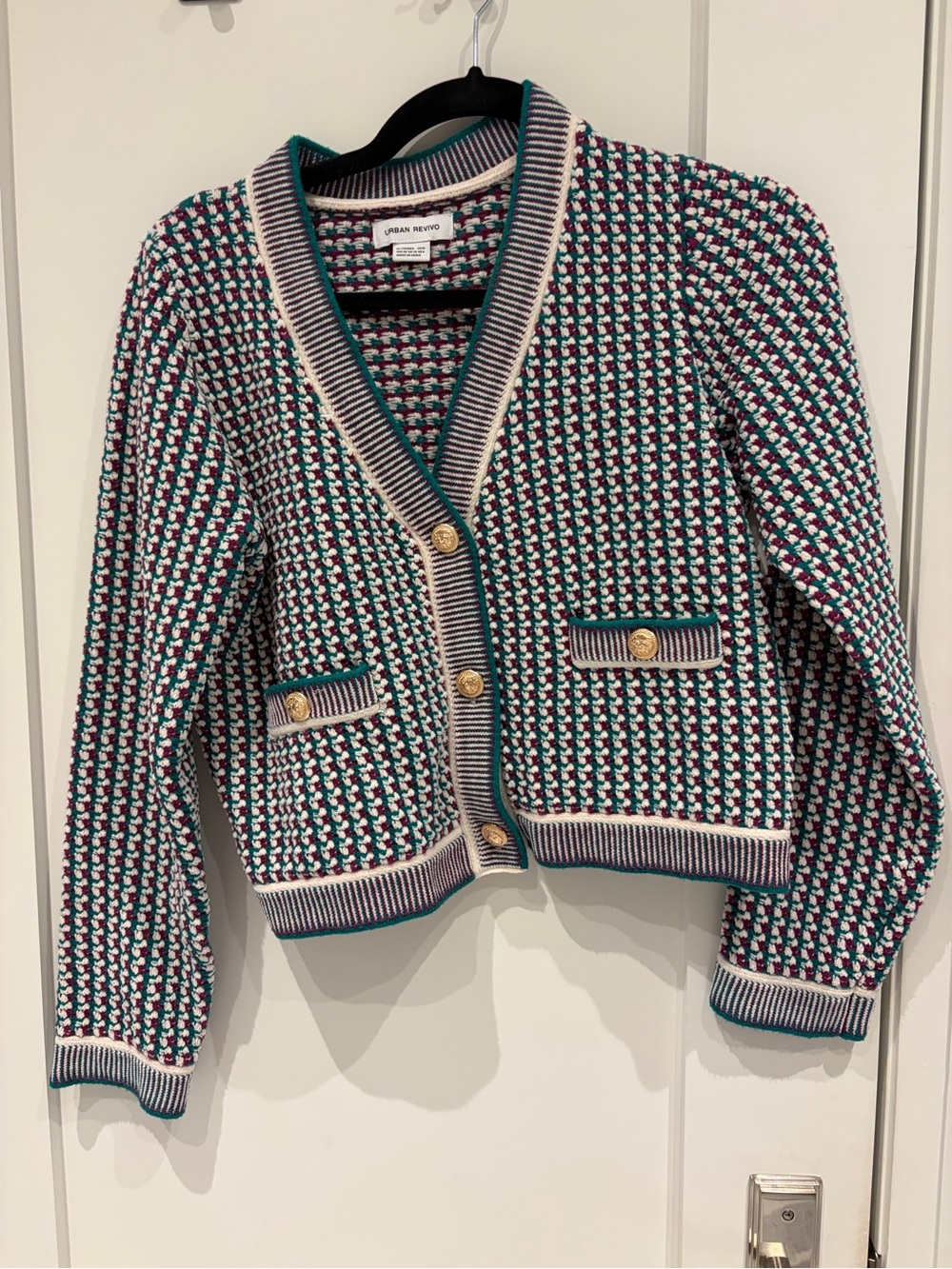 Urban Rewind Teal, Pink & White Knit Cropped Cardigan